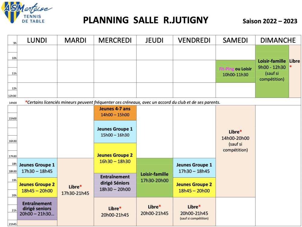 Horaires 2022-2023 AS Mantaise Tennis de Table