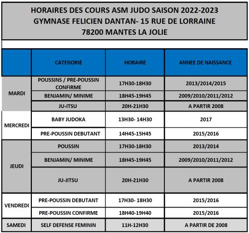 Horaires AS Mantaise Judo Dantan 2022-2023