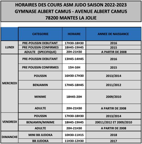 Horaires AS Mantaise Judo Camus 2022-2023