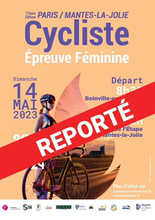 Affiche report du premier Paris Paris Mantes-la-Jolie cycliste féminin en mai 2023
