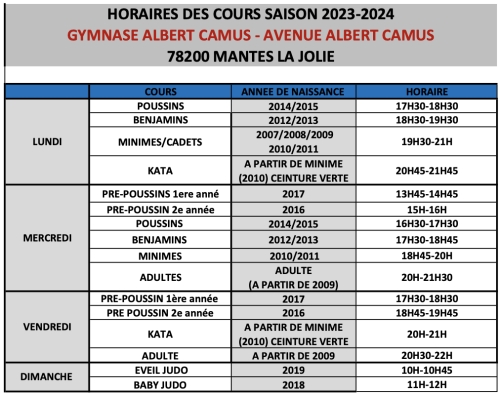 Horaires AS Mantaise Judo Camus 2023-2024