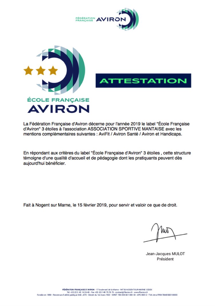 Attestation Label FFA 3 étoiles AS Mantaise 2019