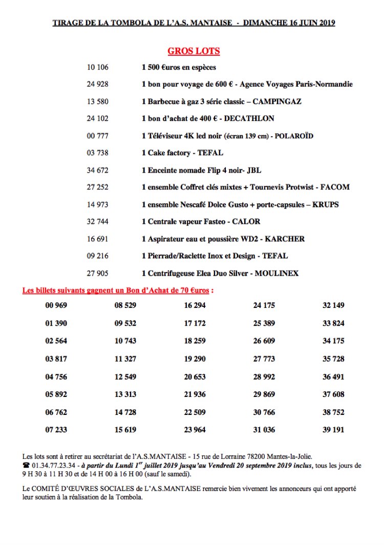 Gagnants Tombola 2019 AS Mantaise